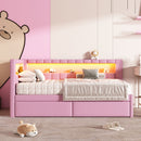 Upholstered Twin Size Platform Bed with USB Ports and LED Belt, With 2 Drawers, Pink