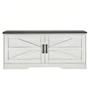 2 Tier Shoe Bench with Padded Seat, 2 Barn Doors and Adjustable Shelves, for Entryway and Living Room, White MDF