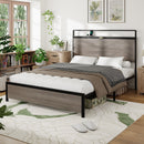Bed frame full size, wooden platform bed frame with storage LED light headboard and 2 USB, no noise, no spring mattress required and simple assembly tools, large underbed storage, brown