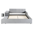 Queen Size Upholstered Grounded Bed, Mother & Child Bed with Bedside Desk and Little Round Stool, Velvet, Gray