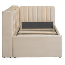 Twin Size Upholstered Daybed with Trundle, Storage Shelves, USB & Outlet (Beige)