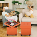 Orange Faux Leather Storage Ottoman With Wooden Tray