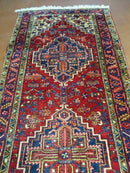 Persian Runner Rug, Heriz Runner Rug, Geometric Medallions, Red Cream Navy Blue Wool Hallway Rug 3.9 x 10.8 Antique Oriental Runner Handmade