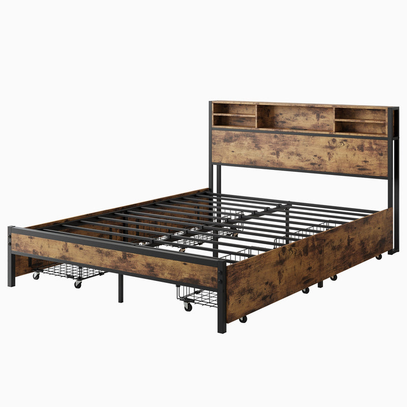 Queen Bed Frame with Storage Headboard and 4 Drawers