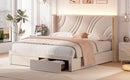 Modern Upholstered LED Bed Frame with Storage Drawers, Velvet Platform Bed, Wingback Headboard, RGB Light, Beige