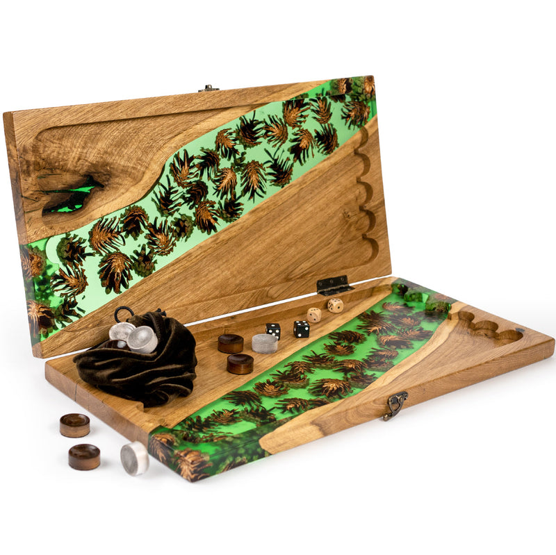 Handmade backgammon made of natural wood and epoxy resin