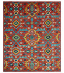 Custom Made Red And Blue Traditional Floral Motifs Hand Knotted Wool Rug