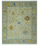 Beige and Blue Hand Knotted 8x10 Traditional Floral wool area rug