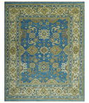 Antique design 8x10 Blue and Olive Traditional Oriental Oushak wool area rug