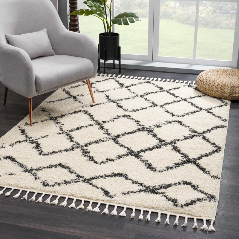 Wallagrass Beige/Black Trellis Tassel Shag