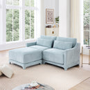 Elegant Two-Seater Sofa with Ottoman and Lumbar Pillows in Sky Blue Chenille, High-Quality Wood and Sponge