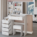 37' Middle Size Left Bedside Cabinet Vanity Table + Cushioned Stool, Extra Large Right sliding mirror, Multi Layer High Capacity Storage, Practical Fashionable Dresser, Suitable For Large Space