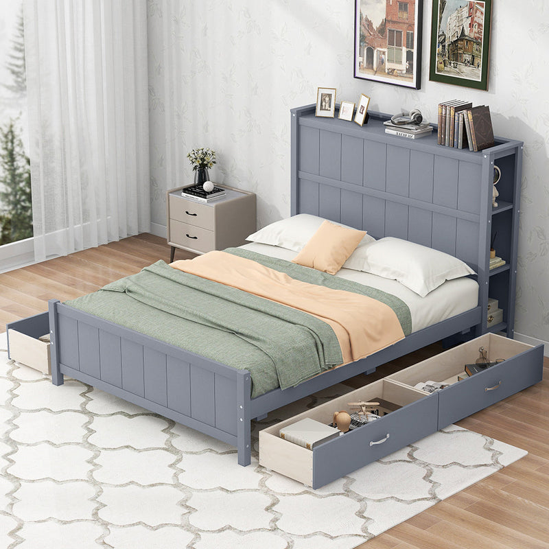 Full Size Platform Bed with Drawers and Storage Shelves, Gray