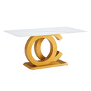 Table and chair set.Subtle Luxury Tempered Glass Dining Set - 63'x35.4' with 4 Black PU Chairs with golden C-tube metal leg.Arched Metal Gold Leg.White imitation marble texture sticker Tabletop.