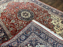 Fine Sino Persian Rug 7x10 ft, Floral Central Medallion Oriental Carpet, Red Navy Blue Cream, Hand Knotted Wool Traditional Vintage Rug