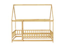 Full Size House Floor Wooden Bed with Roof Frame, Safety Guardrails,Natural