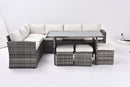 Walker Edison - Outdoor Patio Furniture Set,7 Pieces Outdoor Sectional Conversation Sofa with Dining Table,Chairs and Ottomans,All Weather PE Rattan and Steel Frame,With Backrest and Removable Cushions(Grey+Beige)