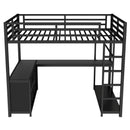 Metal Loft Bed with Wardrobe and L-shaped Desk, Full Size Loft Bed with Storage Cubes and Shelves, Loft Bed for Kids Teens Adults, Black