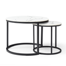Set 2 Coffee Table Nesting White and gray top Black Frame Circular Round and Marble Pattern Wooden Tables, Living Room Bedroom Apartment Modern Industrial Simple Nightstand