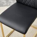 Table and chair set.Large modern rectangular table with 0.4 inch patterned glass tabletop and large MDF table legs.Comes with 8 chairs with faux leather cushioned seats and golden metal legs.