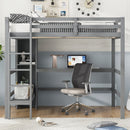 Full Size Loft Bed with Multifunction Shelves and Under-bed Desk, Gray