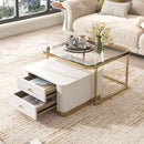 Modern 2 Pieces White Square Nesting Coffee Table with Drawers & Electroplated gold legs in 27.6"