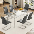 Table and chair set.71 * 35.4 inch rectangular dining table.Tempered Glass Tabletop,Silver 7-shaped Metal Table Legs.Paried With 6 Dark Gray High-quality PU Chairs With Arched Metal Legs.
