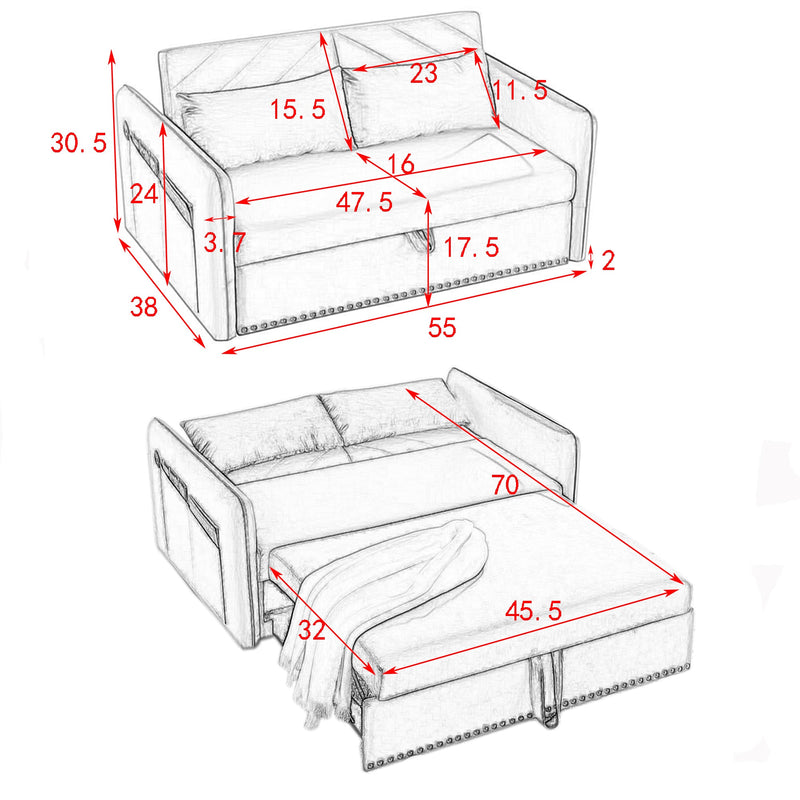 " Sleeper Sofa Bed w/USB Port, 3-in-1 adjustable sleeper with pull-out bed, 2 lumbar pillows and side pocket, soft velvet convertible sleeper sofa bed, suitable for living room bedroom