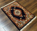 Small Indo Persian Rug 2x3, Navy Blue & Terracotta, Wool, Handmade