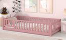 Twin size Floor Platform Bed with Fence and Door ,Pink
