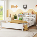 Full Pine Wood Bed with Bookcase Headboard ,LED Motion Sensor Light, Bed Guardrails,White