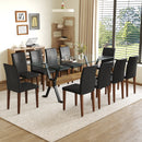 Table and chair set.79'x31.5' Inch Tempered Glass Tabletop With X-shaped Black Metal Table Legs,Wood Grain Textured MDF Crossbeam.Paired With 10 Black PU Dining Chairs with Walnut Color Metal Leg.