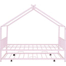 Full Size Metal House Bed with Twin Size Trundle, Pink