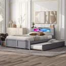 Storage Platform Bed With LED Lights, 2 Drawers And Trundle
