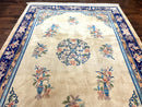 Chinese Wool Rug 8x11, Peking Asian Oriental Carpet, Cream/Ivory and Blue, Vintage Handmade Rug, Art Deco Rug