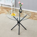 Modern Circular Transparent Tempered Glass Round Table with Black Metal Legs, 36.6 Inches Diameter