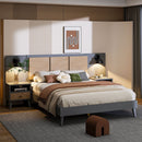 Queen Size Solid Wood Bed Frame with 2 Nightstands, Elegant Design with Lamps, Rattan and Wood Combination,Gray