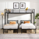 Modern Metal Triple Bunk Bed with Vertical Ladder, Safety Rail, and Storage Shelf in Black
