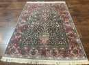 Silk Indian Kashmiri Rug 4x6, Tree of Life Pattern, Birds, Fine 290 KPSI, Navy Blue and Red, Handmade Oriental Carpet