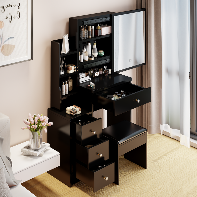 Small Space Left Bedside Cabinet Vanity Table + Cushioned Stool, Extra