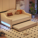 Elegant Upholstered Full XL Size Daybed with LED Belt and Trundle, Beige Linen Finish
