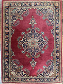 Small Persian Kashan Rug 2x3, Red and Navy Blue, Handmade Vintage Wool Semi Antique Persian Carpet, Semi Open Field