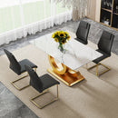 Table and chair set.Subtle Luxury Tempered Glass Dining Set - 63'x35.4' with 4 Black PU Chairs with golden C-tube metal leg.Arched Metal Gold Leg.White imitation marble texture sticker Tabletop.