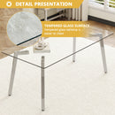 Table and chair set.71 * 35.4 inch rectangular dining table.Tempered Glass Tabletop,Silver 7-shaped Metal Table Legs.Paried With 6 Dark Gray High-quality PU Chairs With Arched Metal Legs.