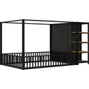Full Size Floor Bed Frame with Wardrobe, Metal floor Bed with Storage Shelves, Black