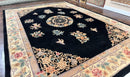 Chinese Wool Rug 9x12, Chinese Carving Carpet, Floral Medallion, Black and Beige, Butterflies, Vintage Asian Oriental Rug, 90 Line Rug