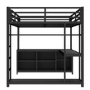 Metal Loft Bed with Wardrobe and L-shaped Desk, Queen Size Loft Bed with Storage Cubes and Shelves, Loft Bed for Kids Teens Adults, Black