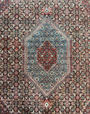 Indo Persian Bidjar Rug 8x11, Herati Mahi Pattern, Red Navy Blue, Handmade Vintage Wool Carpet