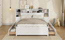 White Wooden Storage Bed with Tall Extended Bookcase Headboard, 6 Drawers and Charging Station for Teens Adults, No Box Spring Needed,Full