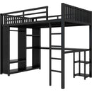 Full XL Size Loft Bed Frame with Built-in Wardrobe, Metal Loft Bed with Desk and Storage Shelves, Black